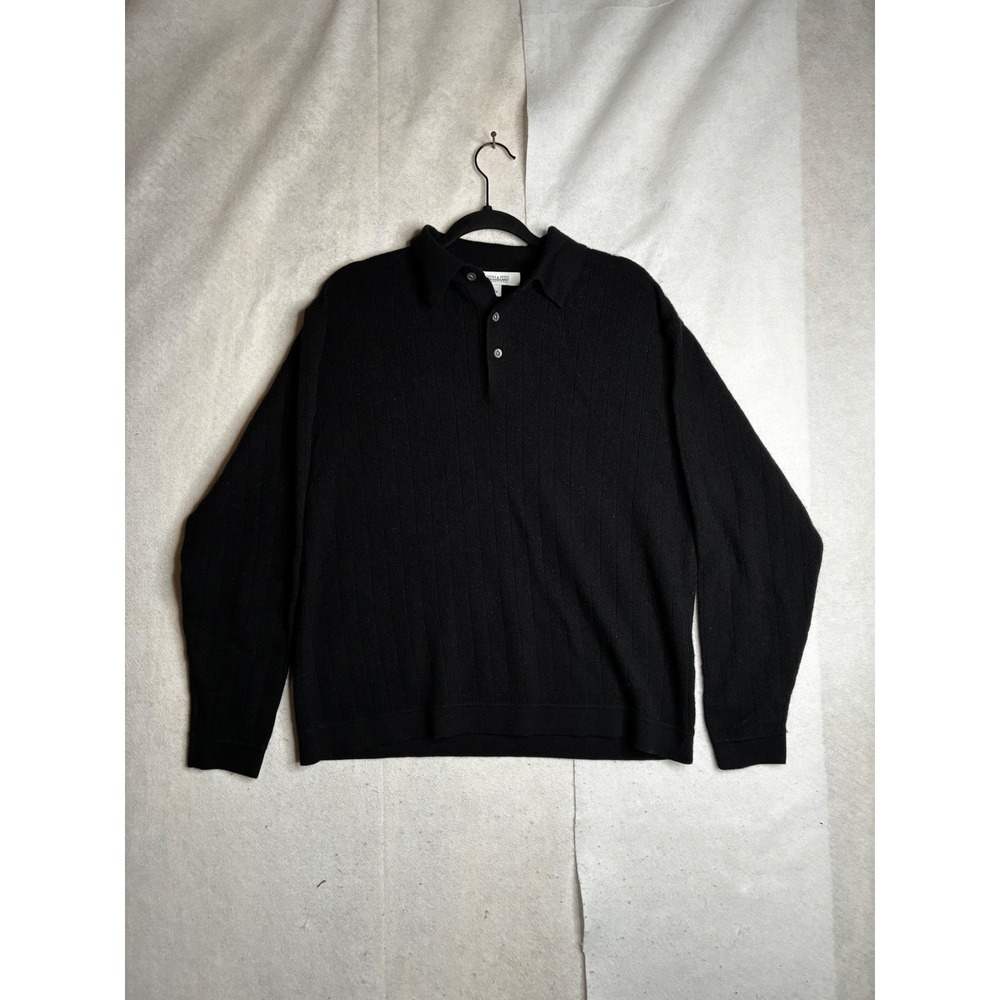 Joseph & Feiss Mens Black‎ Merino Wool Blend Ribbed Long Sleeve Polo Sweater L